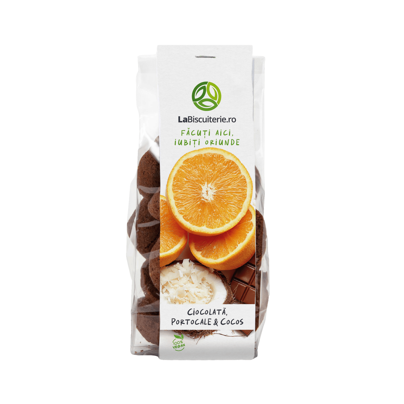 Biscuiţi vegani cu ciocolată portocale şi cocos 120g