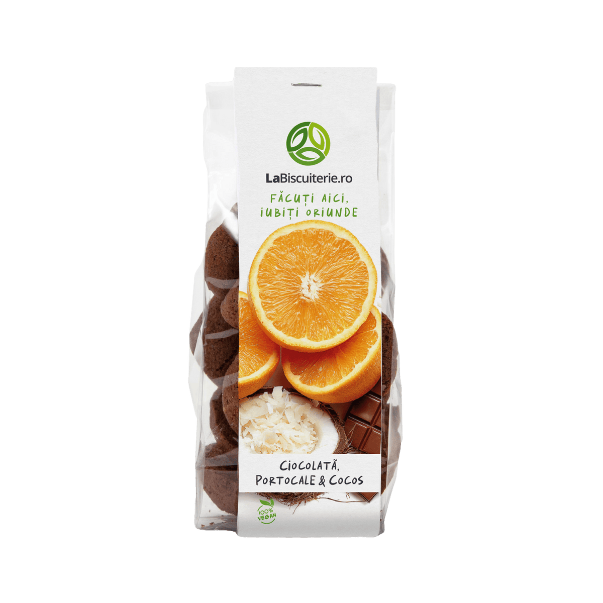 Biscuiţi vegani cu ciocolată portocale şi cocos 120g