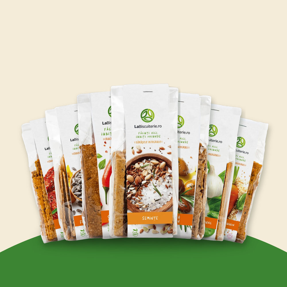 Sărat, bun, natural – 12 pungi de crackers şi sărăţele vegane LaBiscuiterie
